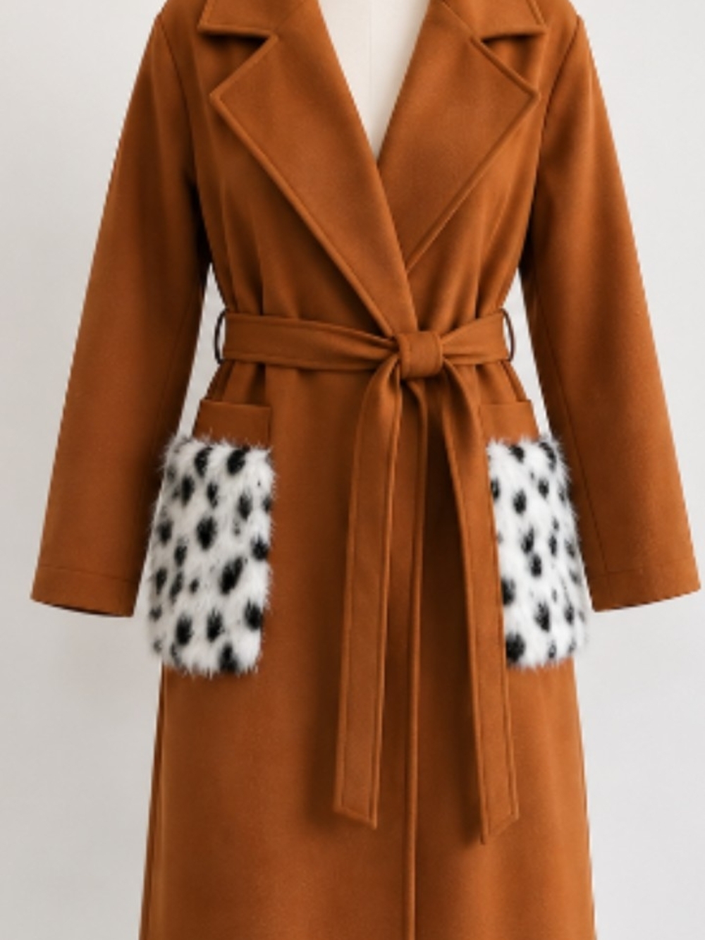 SHEIN Tan Wrap Trench Coat with Faux Fur Spot Pockets